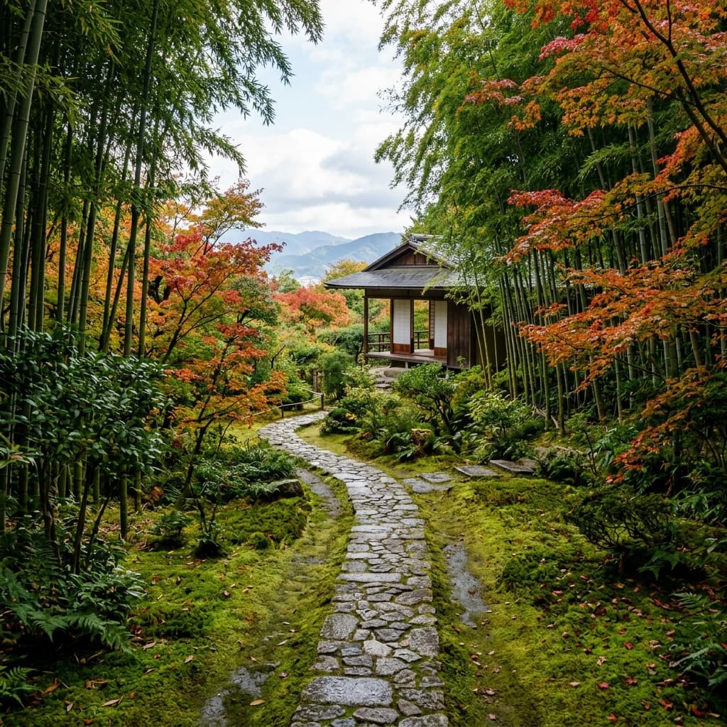 Narrow stone path winding through green moss and bamboo trees toward a rustic wooden tea pavilion